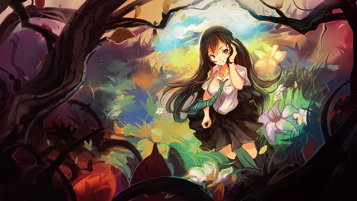 illustration de fille aux cheveux noirs, anime, anime girls, Shibuya Rin, uniforme scolaire, cheveux noirs, jupe, cheveux longs, yeux verts, Fond d'écran HD